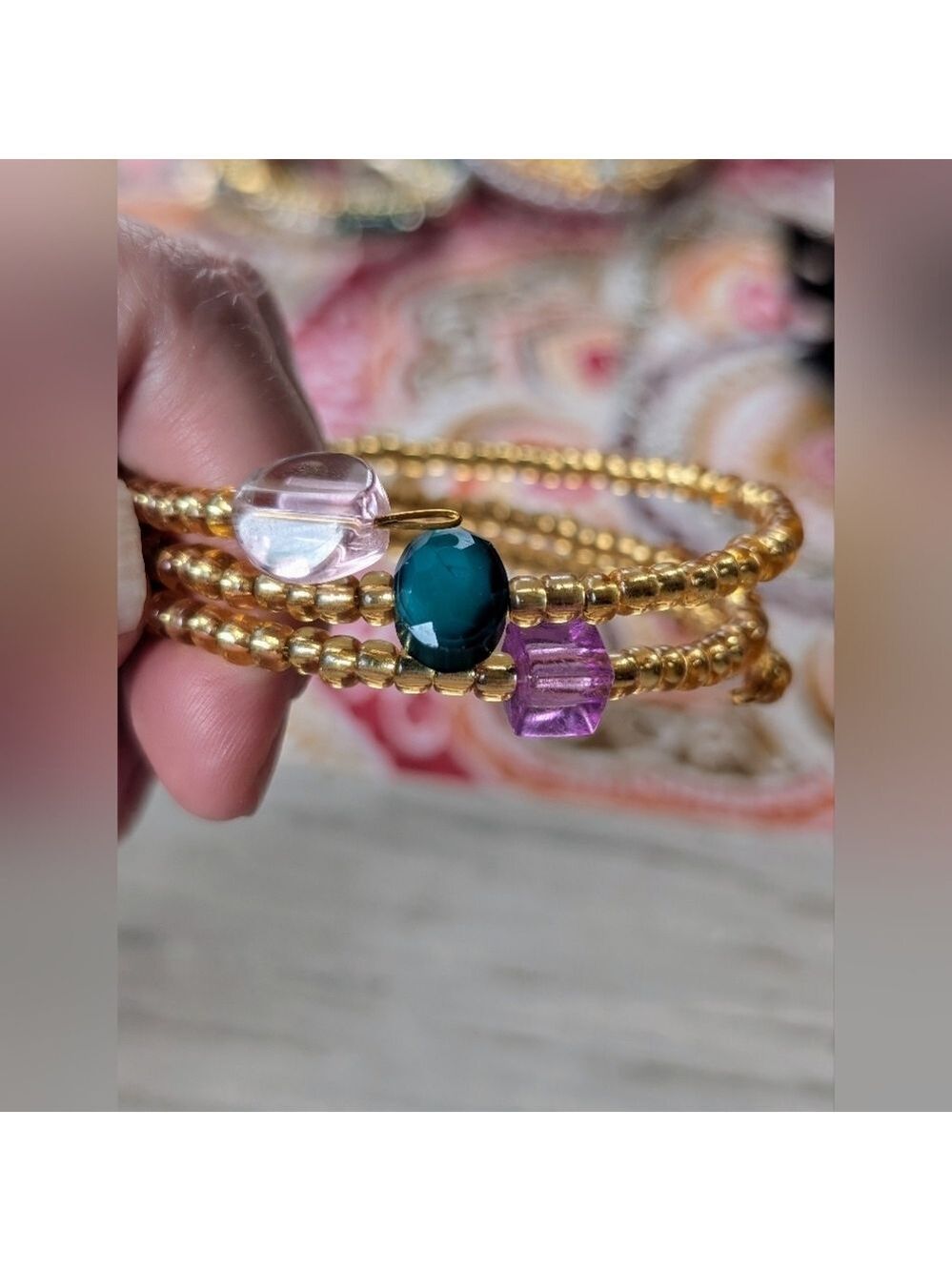 Handmade gold seed bead memory wire wrap bracelet